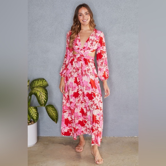 (50396-SPR-DST) SPRING FLORAL PRINT ELASTIC LONG SLEEVE MAXI DRESS - Picture 3 of 3